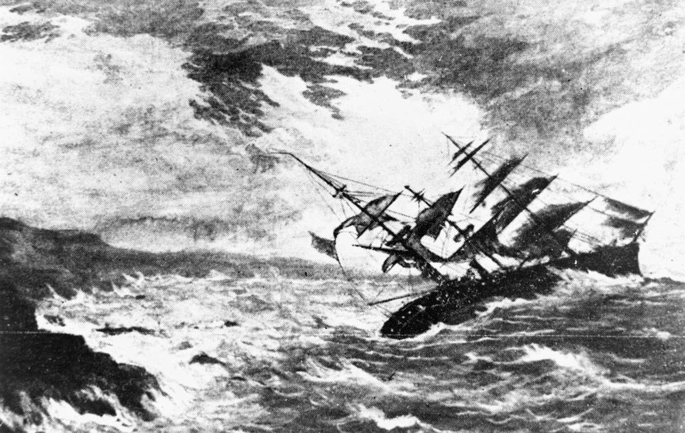 An old painting of a sailing ship caught in rough weather.