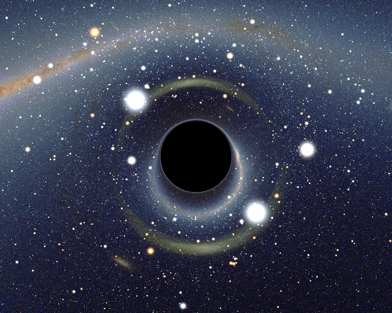 A computer picture of a black hole bending the light of stars behind it.
