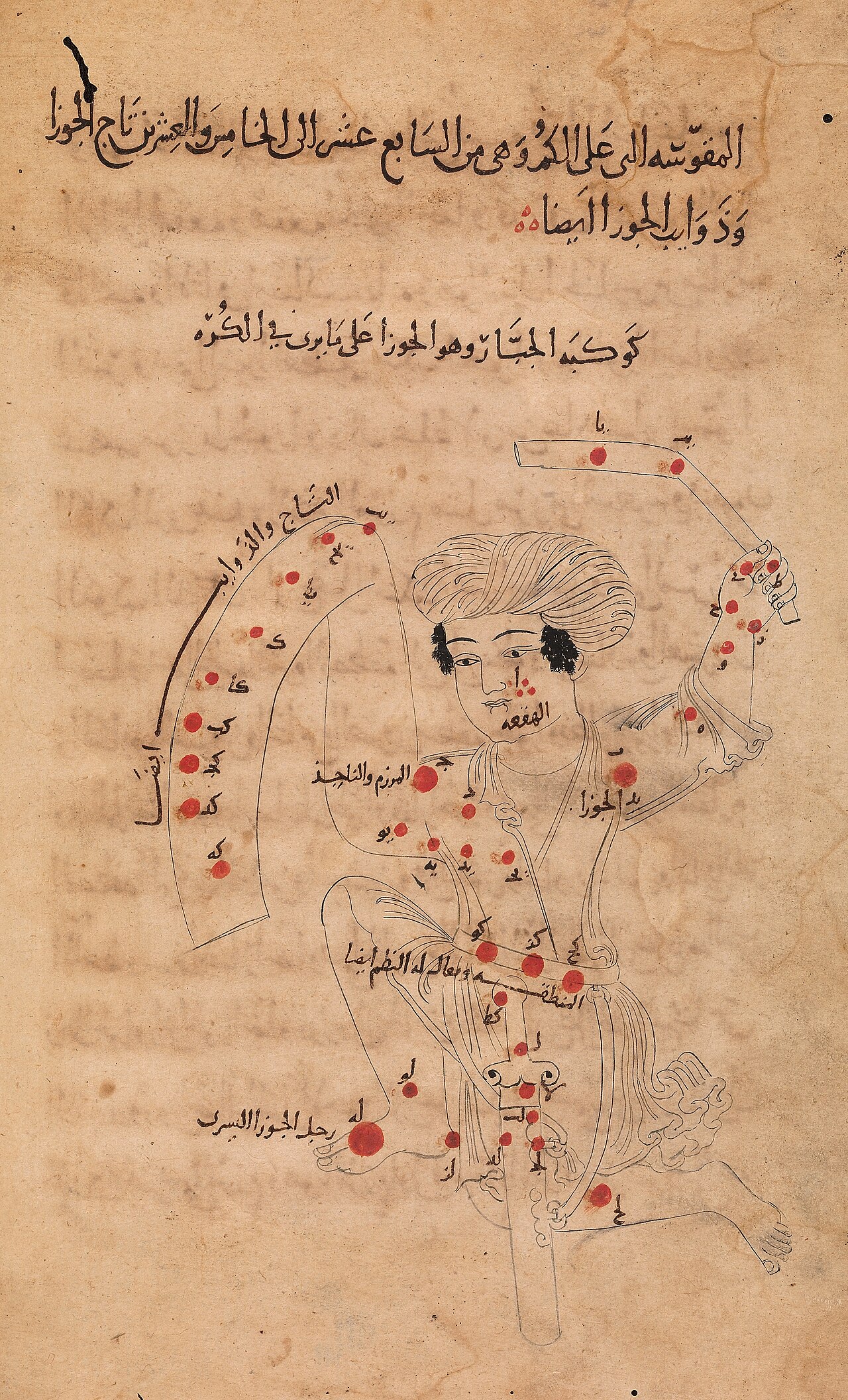 An ancient drawing showing Orion the hunter as a giant in the stars.