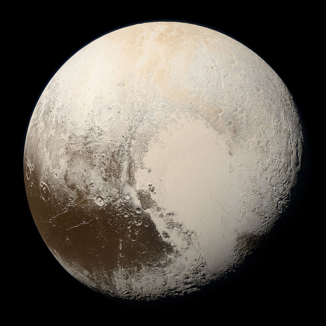 A close-up of Pluto, a dwarf planet with a big icy heart shape.