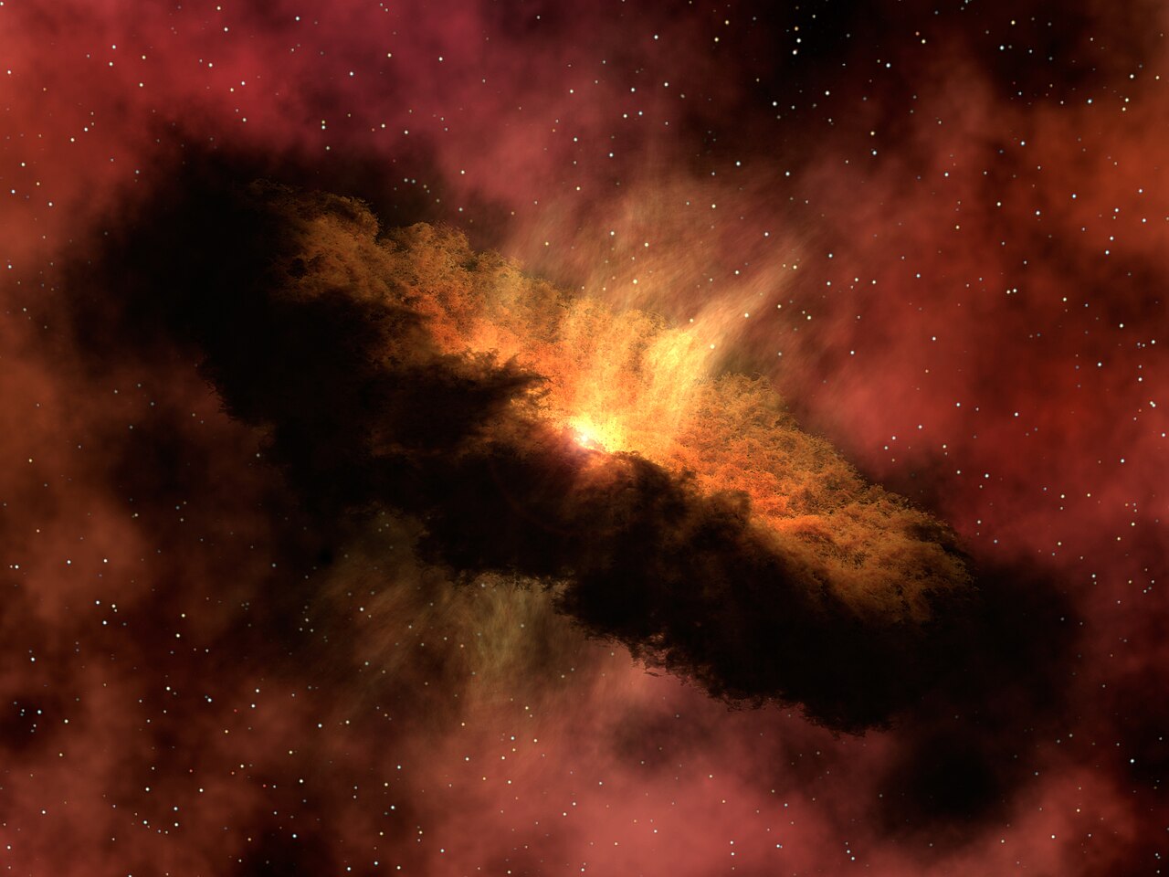 An artist's picture of a young Earth-like planet forming from dust around a star.