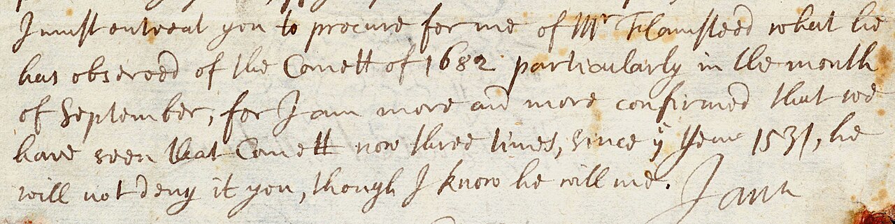 A handwritten letter from Edmond Halley, the scientist who studied comets.