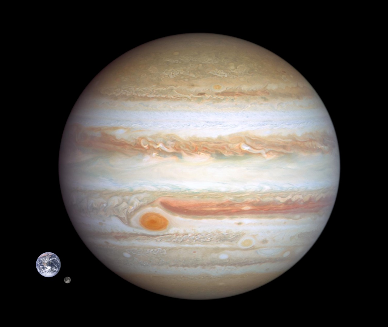 A size comparison showing how huge Jupiter is next to Earth and the Moon.