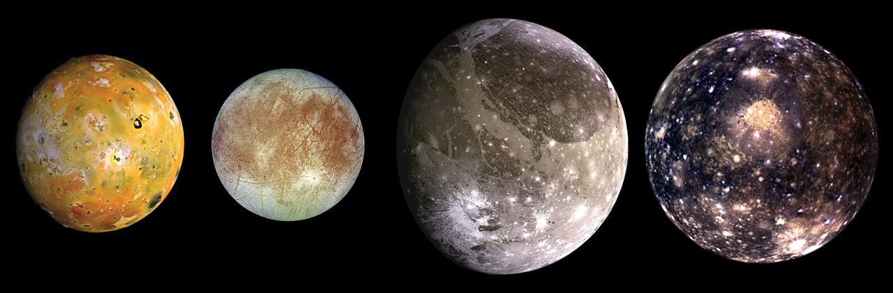 Jupiter's four biggest moons, Io, Europa, Ganymede, and Callisto, lined up together.
