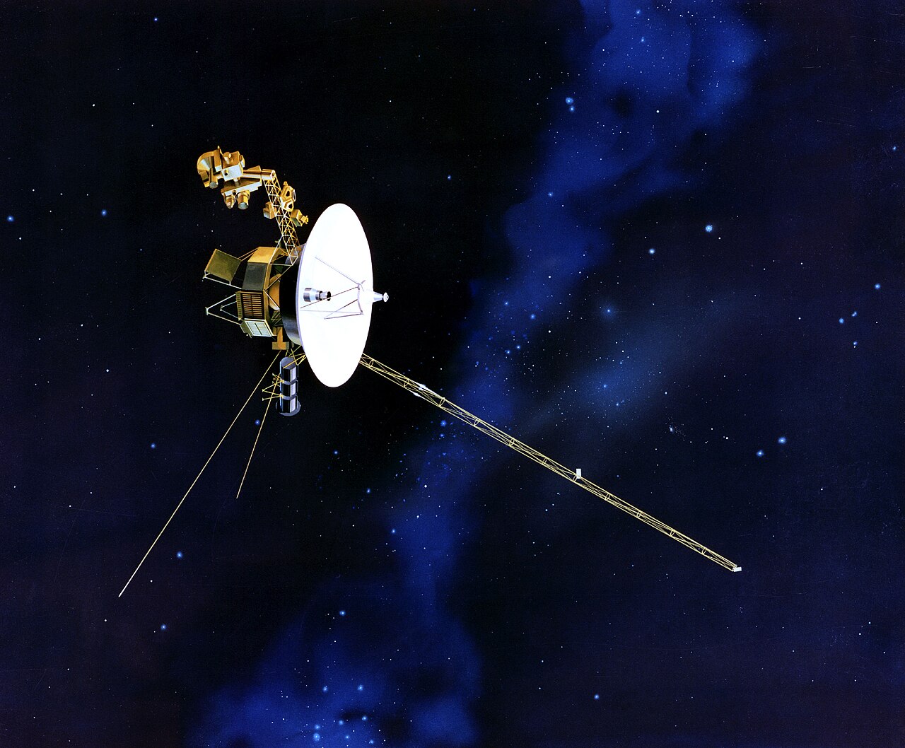 An artist's picture of the Voyager spacecraft sailing through deep space.