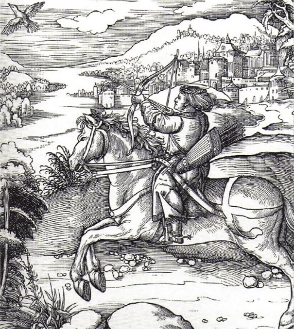 An old picture of an archer shooting a bow from horseback.