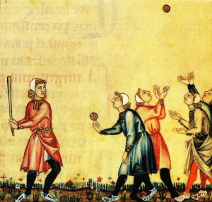 An old painting showing people playing an early bat-and-ball game.