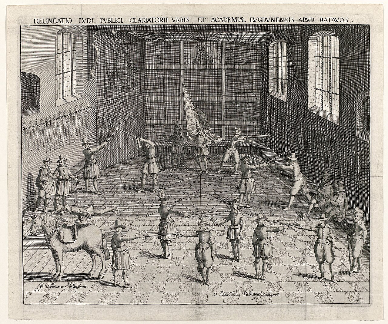 An old drawing of students learning to fence with long swords.