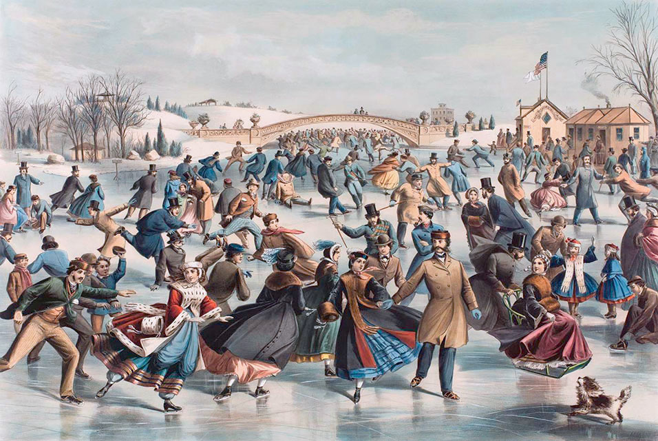An old painting of people skating on a frozen winter pond.