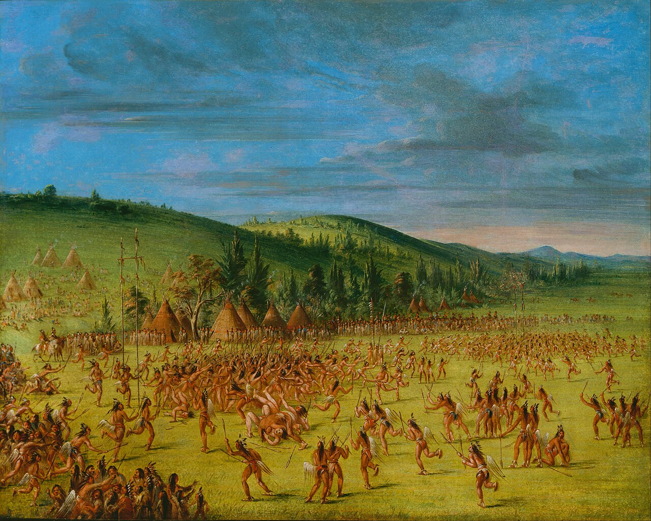An old painting of Native Americans playing an early version of lacrosse.