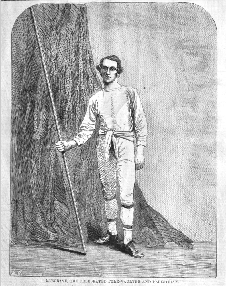 An old picture of a pole vaulter ready to leap high.
