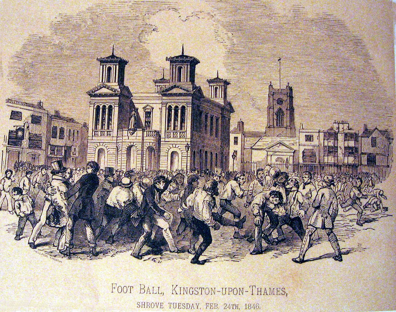 An old drawing of people playing a rugby match long ago.