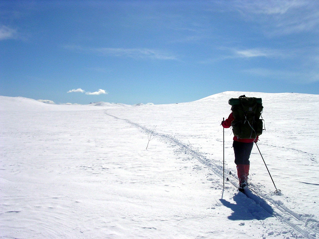 Skiers glide across a wide, snowy mountain in Norway.