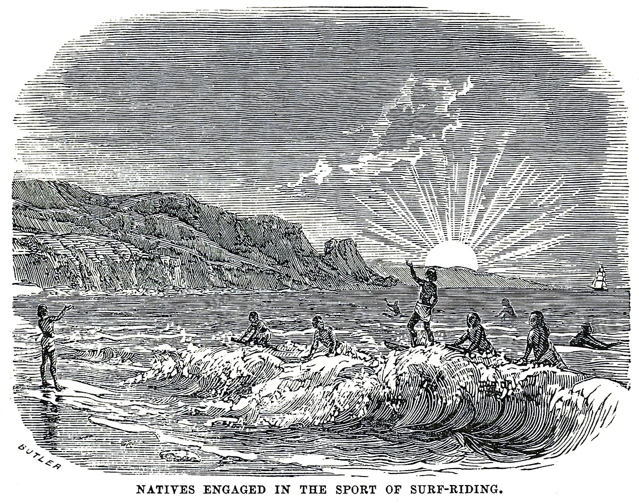 An old drawing of Hawaiian surfers riding big ocean waves.