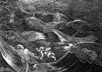 An old painting of a man swimming bravely across a wide sea.