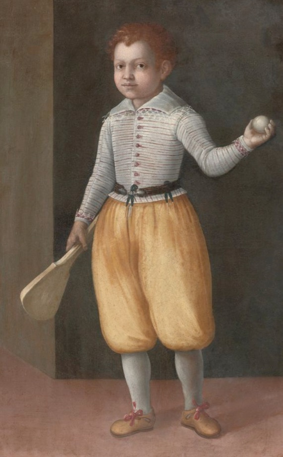 An old painting of a young boy holding a paddle and ball.
