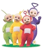 The Teletubbies play in their sunny green world.