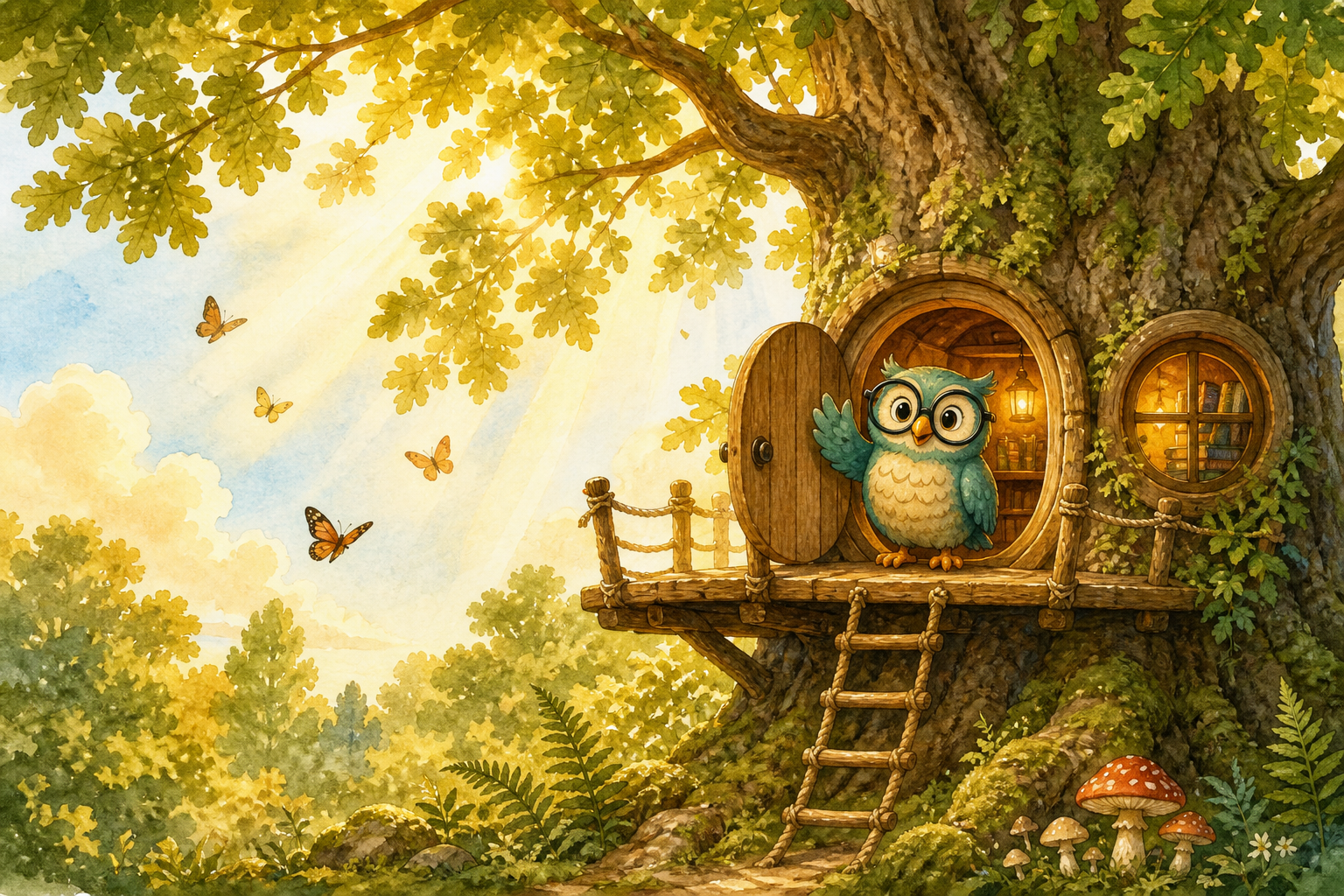 Kibi the owl waving hello from the doorway of his treehouse library, with books glowing in the window and sunlight streaming through the leaves